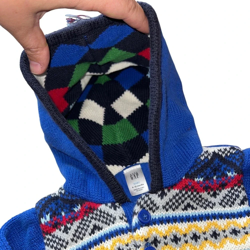 Baby Gap Blue Fair Isle Hooded‎ Sweater Romper Jumpsuit 6-12 Months
